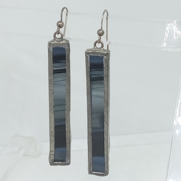 * vintage artisan made Stained Glass long vertical bar shades of blue earrings - Picture 1 of 3